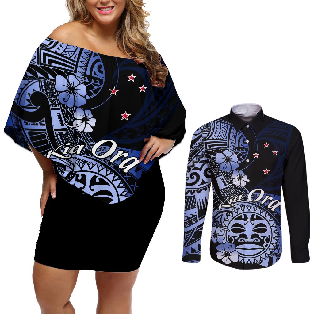 Aotearoa Kia Ora New Zealand Ta Moko Blue Version Couples Matching Off Shoulder Short Dress and Long Sleeve Button Shirt LT01 Blue - Polynesian Pride