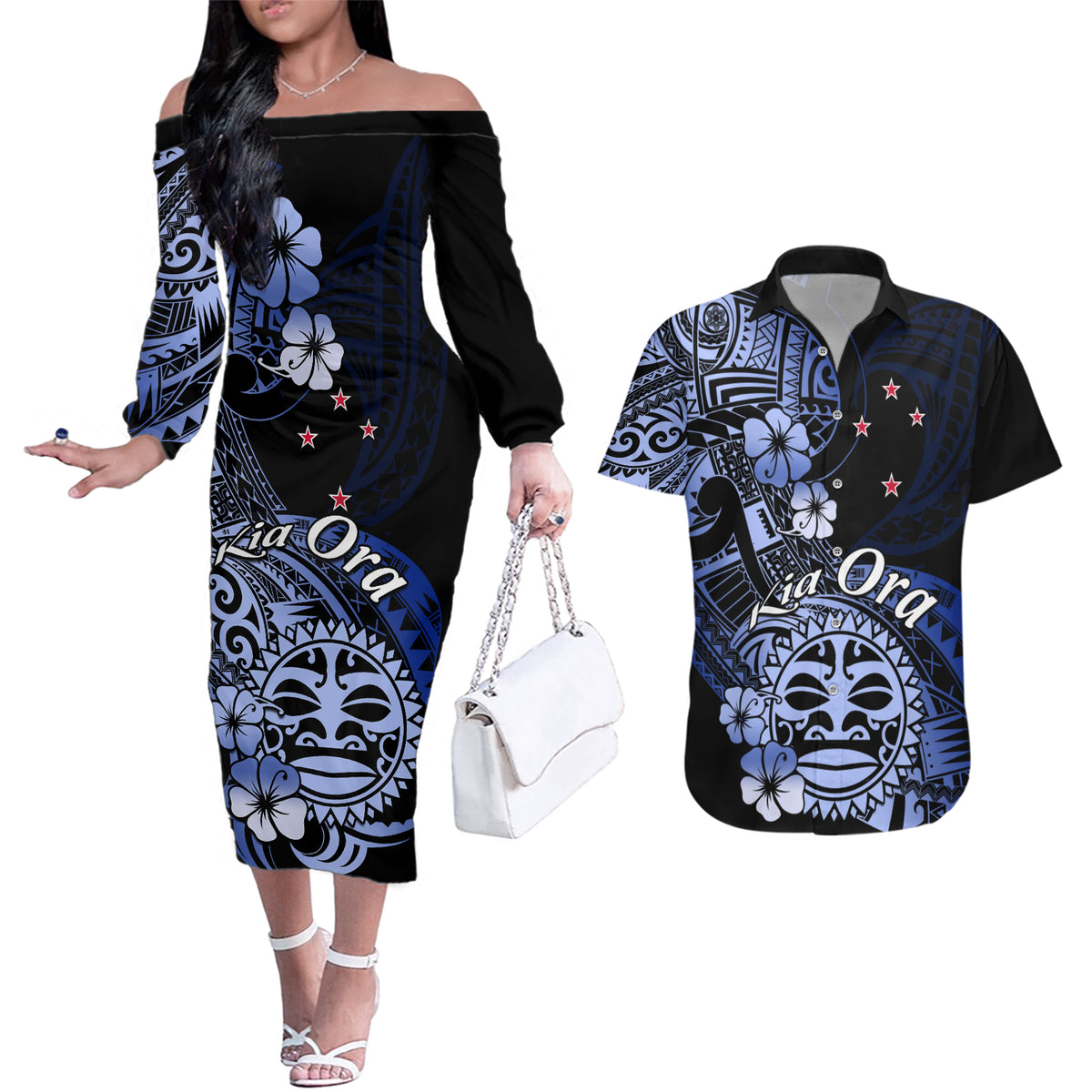 Aotearoa Kia Ora New Zealand Ta Moko Blue Version Couples Matching Off The Shoulder Long Sleeve Dress and Hawaiian Shirt LT01 Blue - Polynesian Pride
