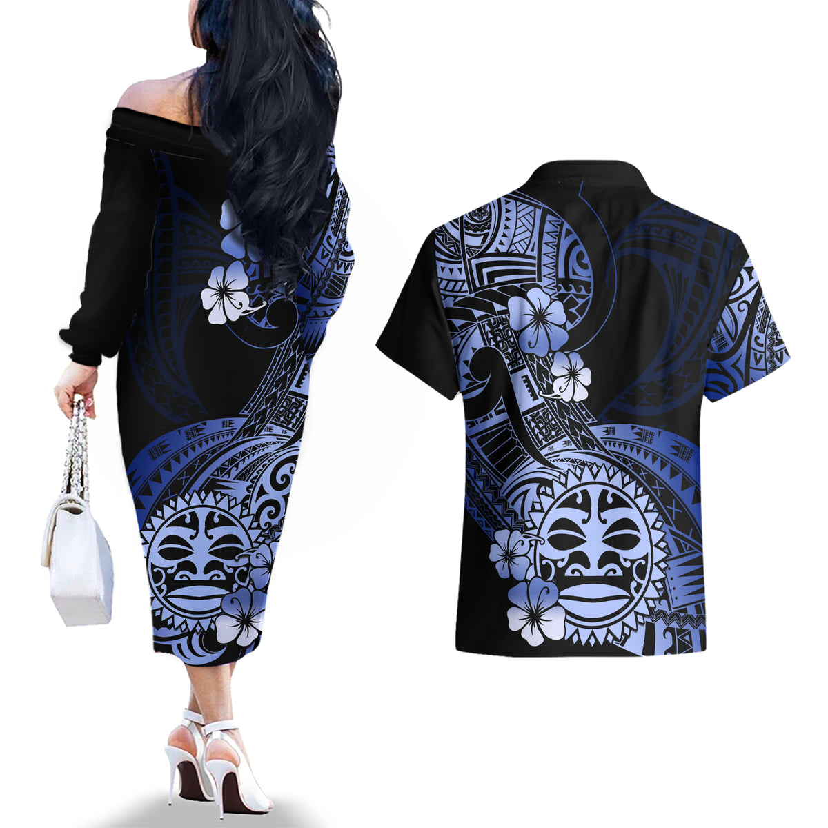 Aotearoa Kia Ora New Zealand Ta Moko Blue Version Couples Matching Off The Shoulder Long Sleeve Dress and Hawaiian Shirt LT01 - Polynesian Pride