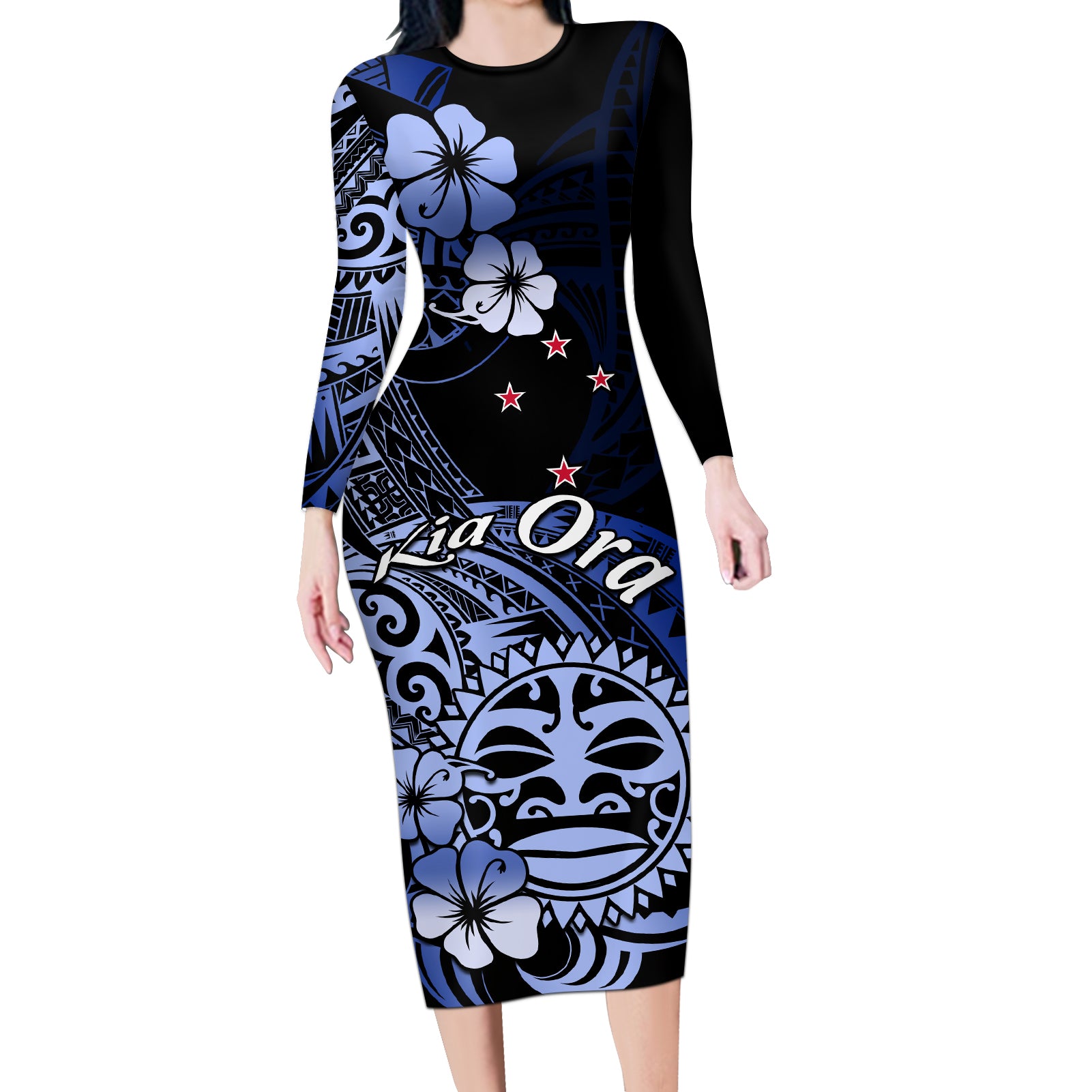 Aotearoa Kia Ora New Zealand Ta Moko Blue Version Long Sleeve Bodycon Dress LT01 Long Dress Blue - Polynesian Pride