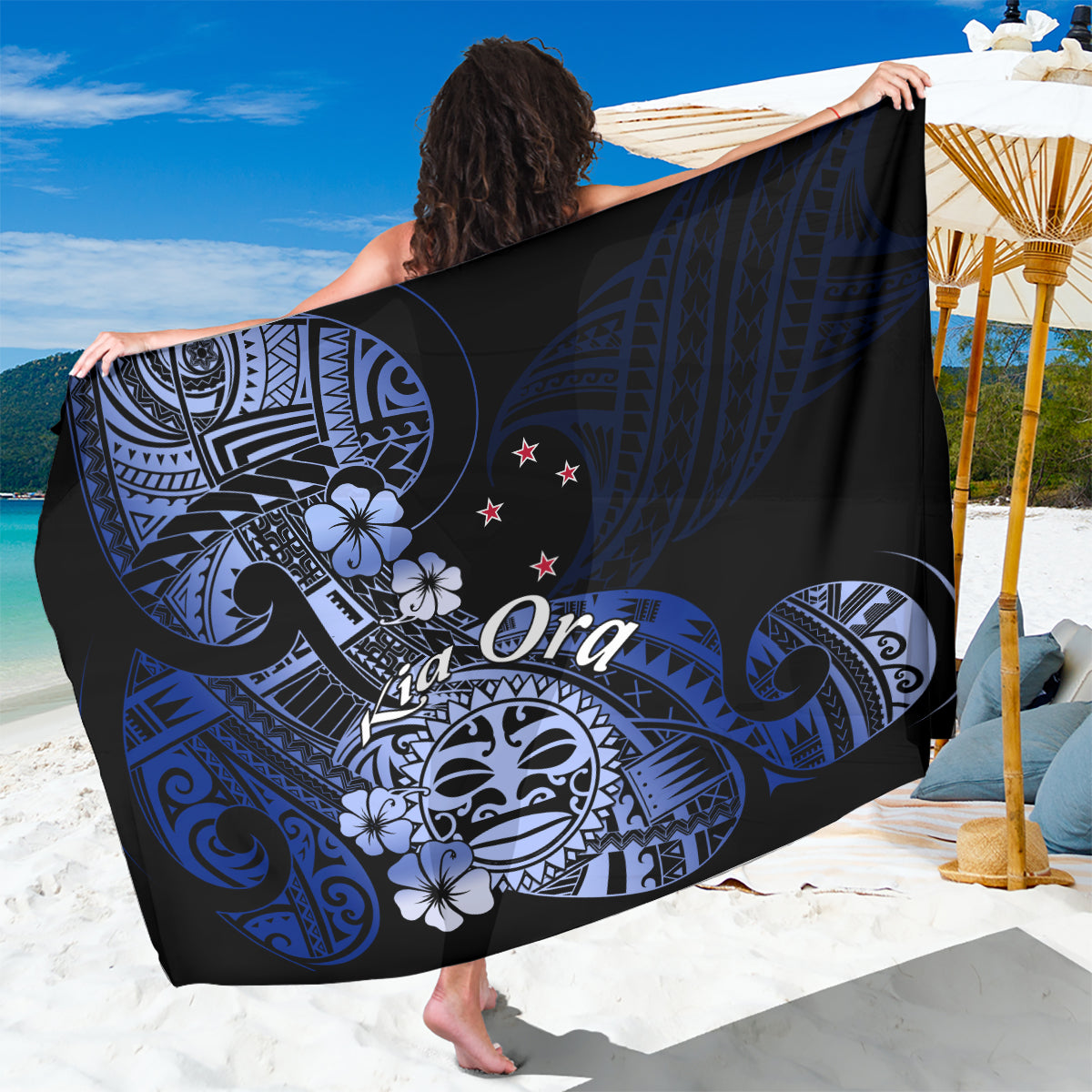 Aotearoa Kia Ora New Zealand Ta Moko Blue Version Sarong LT01 One Size 44 x 66 inches Blue - Polynesian Pride