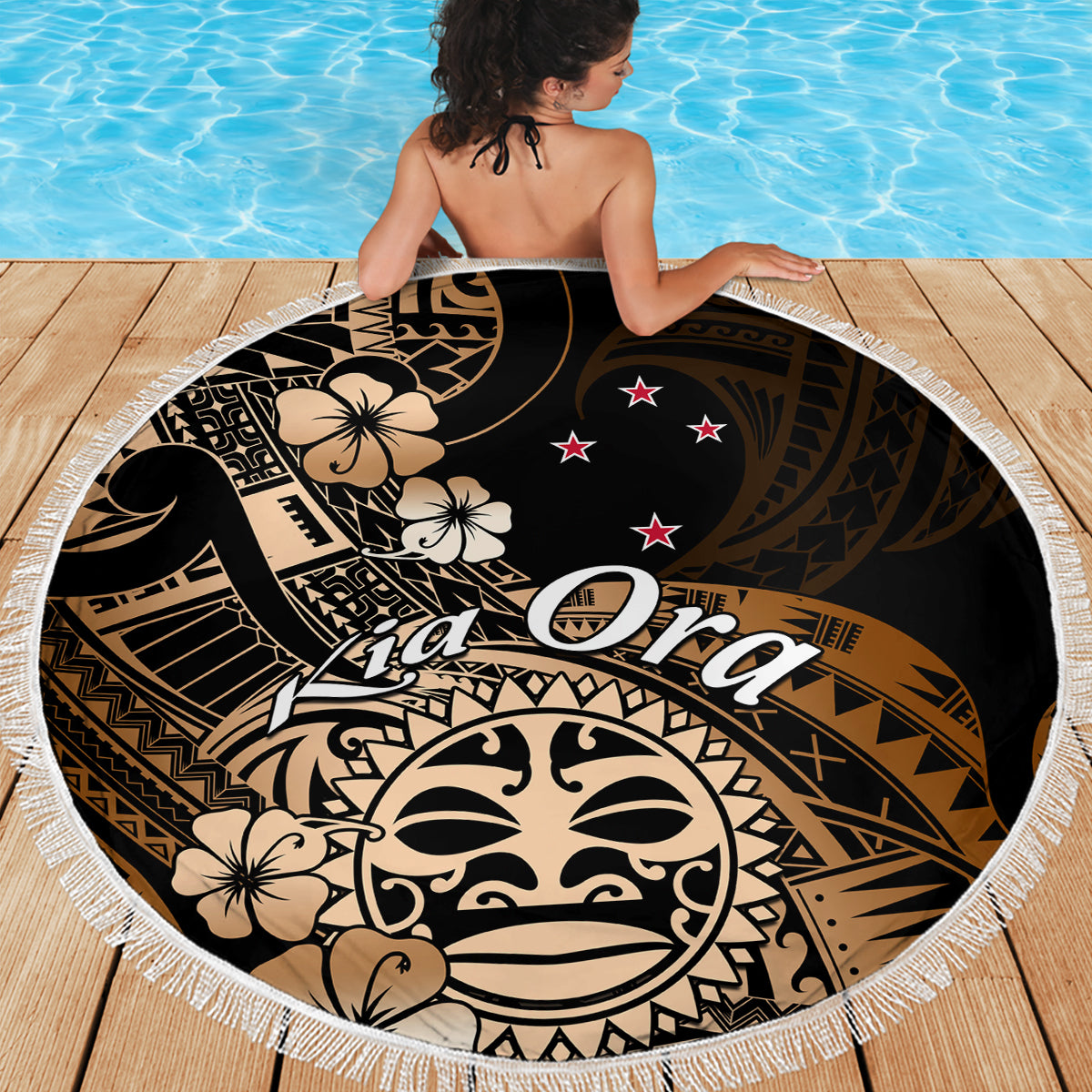 Aotearoa Kia Ora New Zealand Ta Moko Gold Version Beach Blanket LT01 - Polynesian Pride