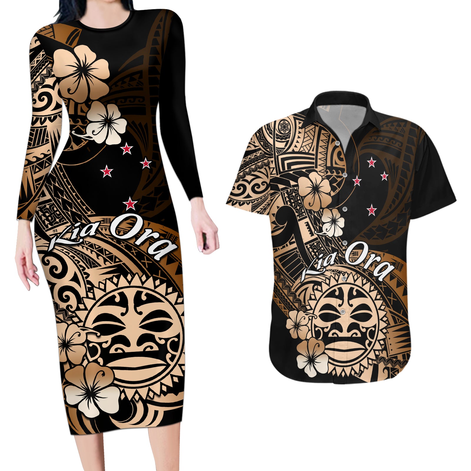 Aotearoa Kia Ora New Zealand Ta Moko Gold Version Couples Matching Long Sleeve Bodycon Dress and Hawaiian Shirt LT01 Gold - Polynesian Pride