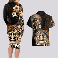 Aotearoa Kia Ora New Zealand Ta Moko Gold Version Couples Matching Long Sleeve Bodycon Dress and Hawaiian Shirt LT01 - Polynesian Pride