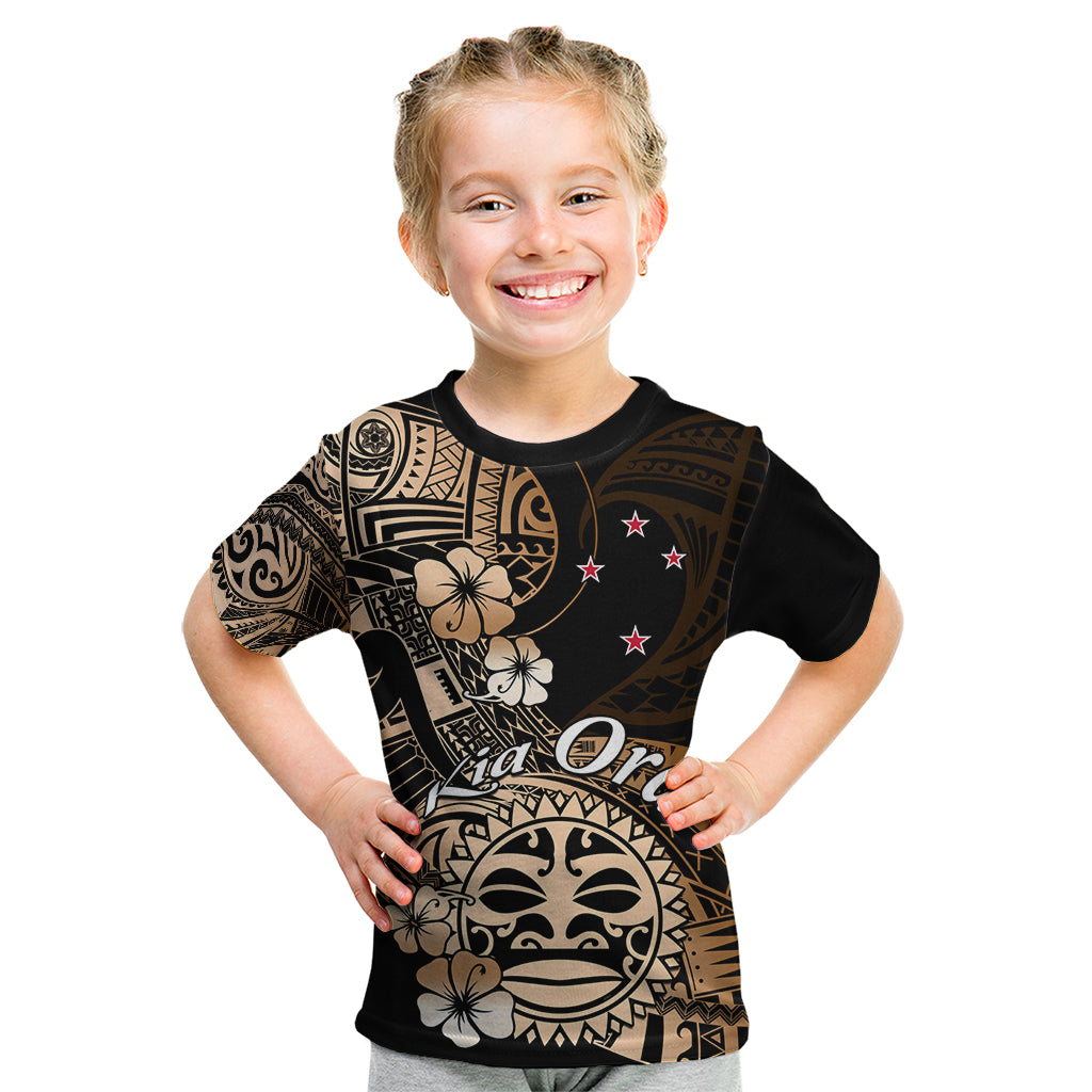 Aotearoa Kia Ora New Zealand Ta Moko Gold Version Kid T Shirt LT01 Gold - Polynesian Pride