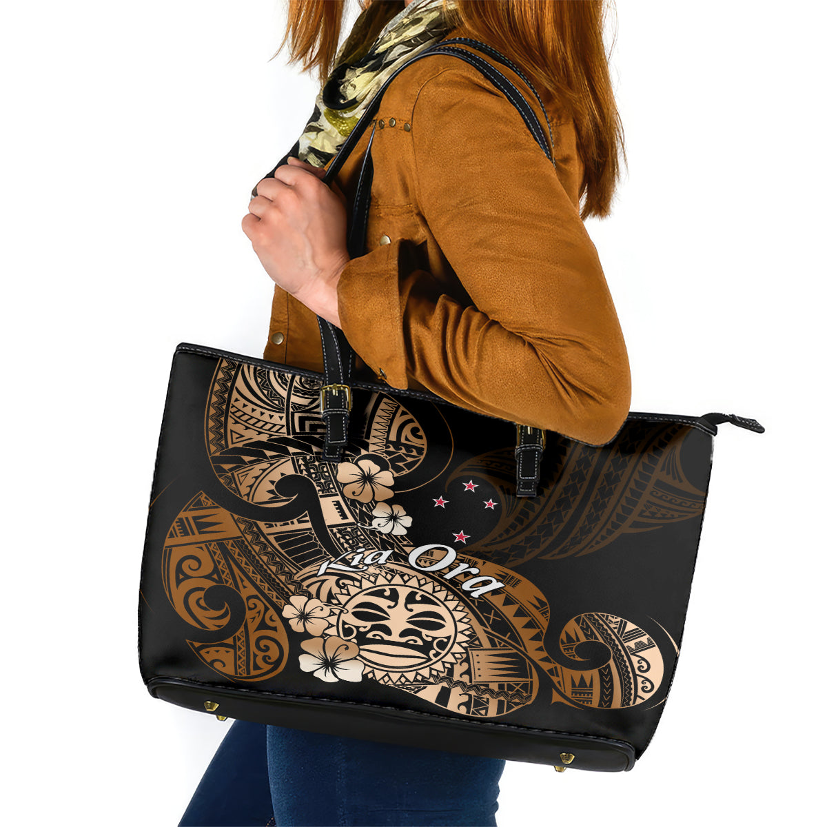 Aotearoa Kia Ora New Zealand Ta Moko Gold Version Leather Tote Bag LT01 Gold - Polynesian Pride