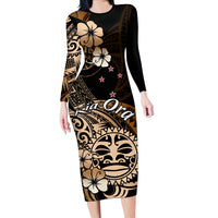 Aotearoa Kia Ora New Zealand Ta Moko Gold Version Long Sleeve Bodycon Dress LT01 Long Dress Gold - Polynesian Pride