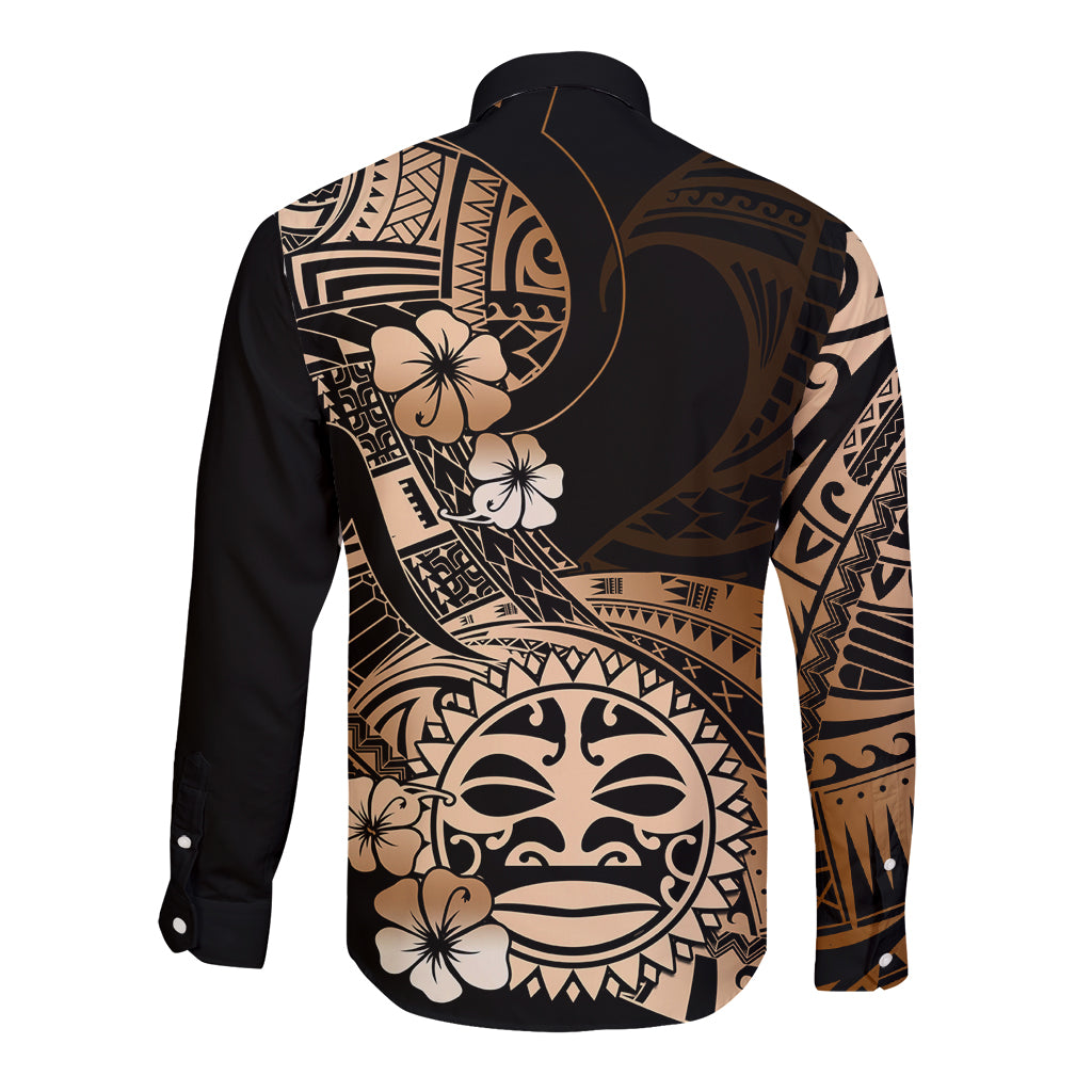 Aotearoa Kia Ora New Zealand Ta Moko Gold Version Long Sleeve Button Shirt LT01 - Polynesian Pride