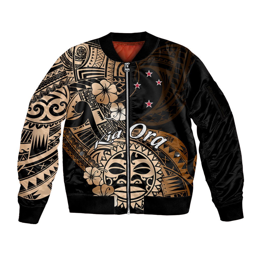 Aotearoa Kia Ora New Zealand Ta Moko Gold Version Sleeve Zip Bomber Jacket LT01 Unisex Gold - Polynesian Pride