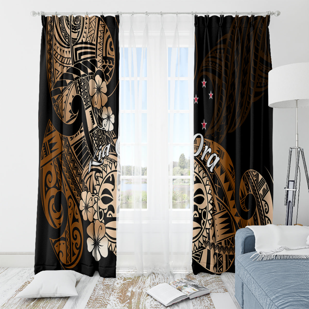 Aotearoa Kia Ora New Zealand Ta Moko Gold Version Window Curtain LT01 - Polynesian Pride