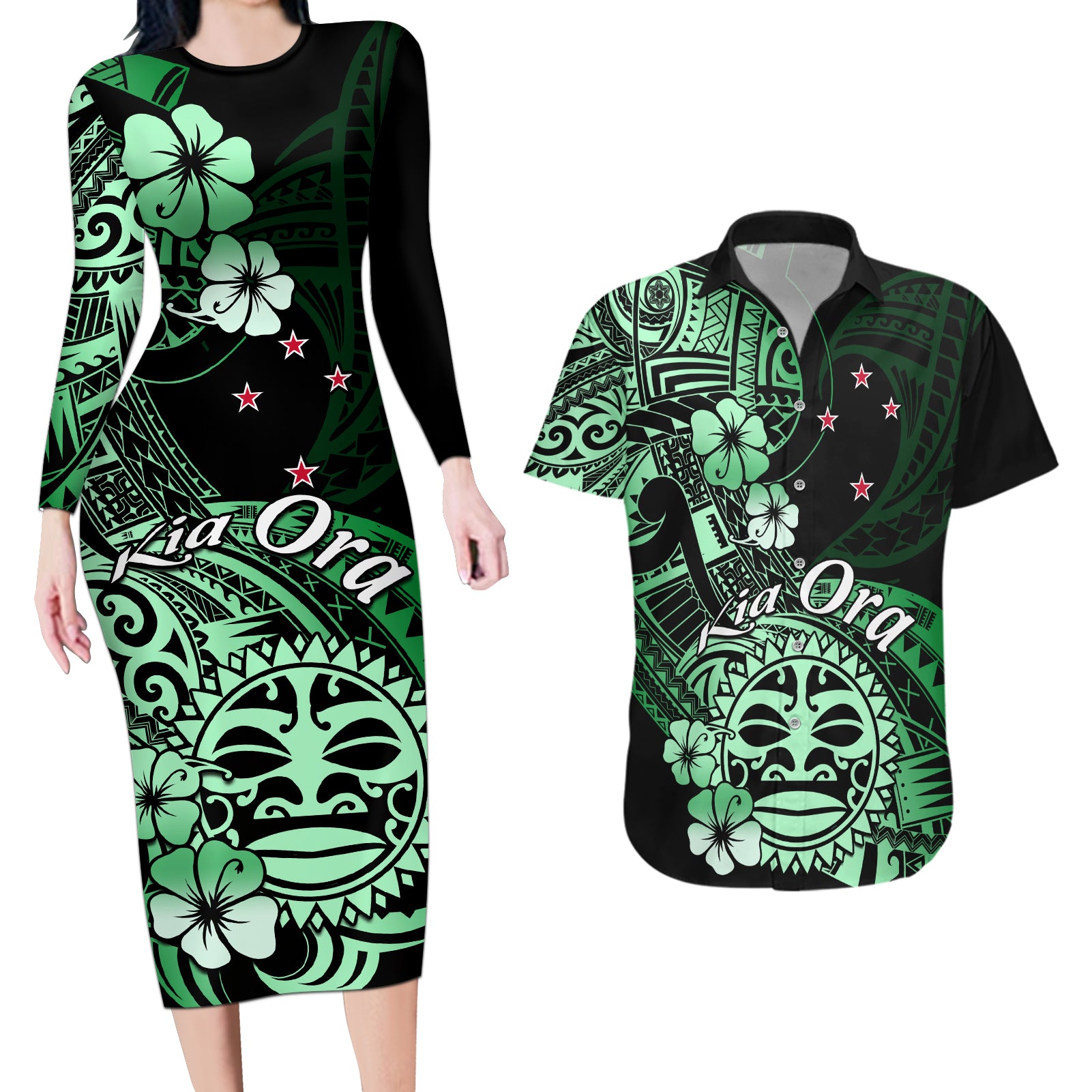 Aotearoa Kia Ora New Zealand Ta Moko Green Version Couples Matching Long Sleeve Bodycon Dress and Hawaiian Shirt LT01 Green - Polynesian Pride