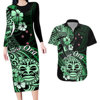 Aotearoa Kia Ora New Zealand Ta Moko Green Version Couples Matching Long Sleeve Bodycon Dress and Hawaiian Shirt LT01 Green - Polynesian Pride