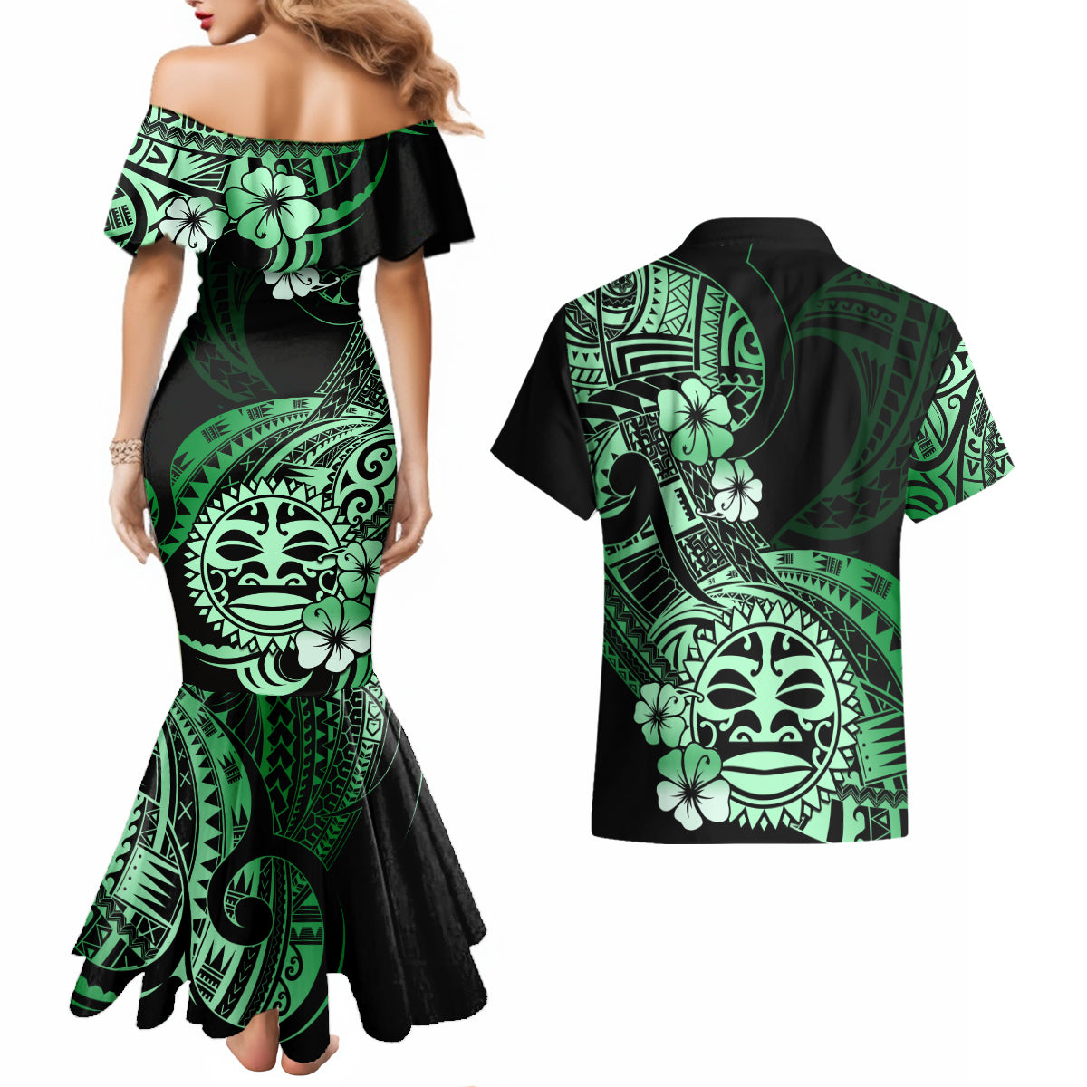 Aotearoa Kia Ora New Zealand Ta Moko Green Version Couples Matching Mermaid Dress and Hawaiian Shirt LT01 - Polynesian Pride