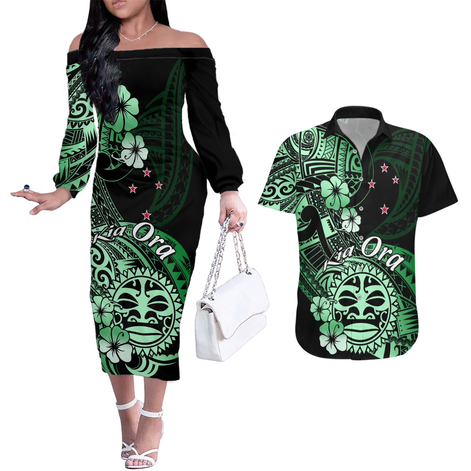 Aotearoa Kia Ora New Zealand Ta Moko Green Version Couples Matching Off The Shoulder Long Sleeve Dress and Hawaiian Shirt LT01 Green - Polynesian Pride