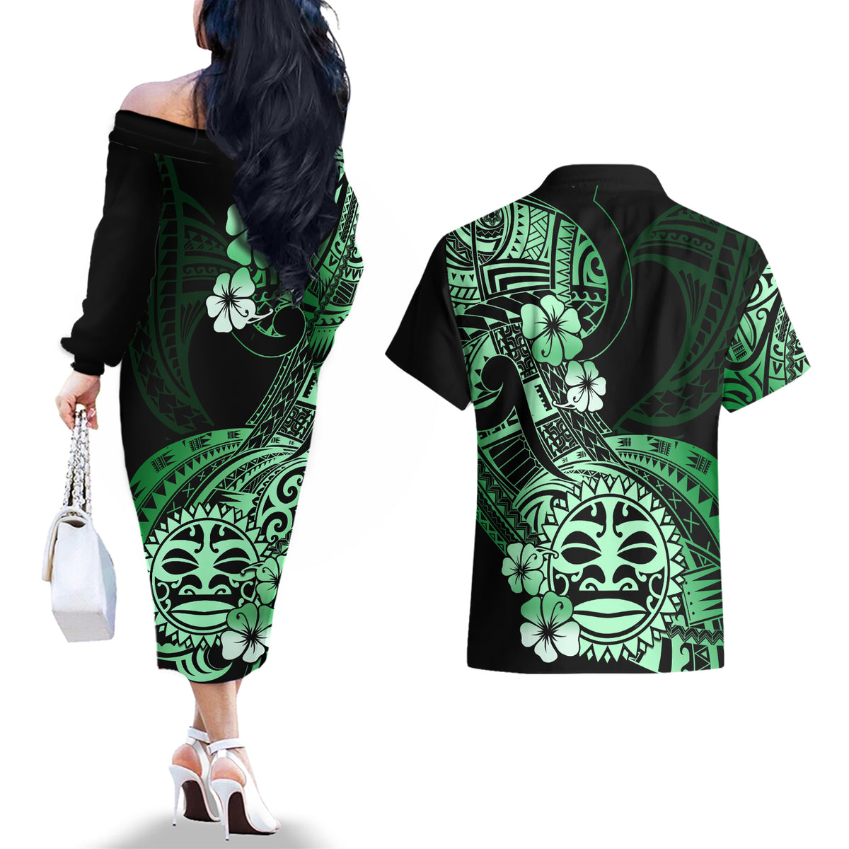 Aotearoa Kia Ora New Zealand Ta Moko Green Version Couples Matching Off The Shoulder Long Sleeve Dress and Hawaiian Shirt LT01 - Polynesian Pride