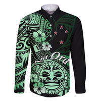 Aotearoa Kia Ora New Zealand Ta Moko Green Version Family Matching Long Sleeve Bodycon Dress and Hawaiian Shirt LT01 Dad's Shirt - Long Sleeve Green - Polynesian Pride