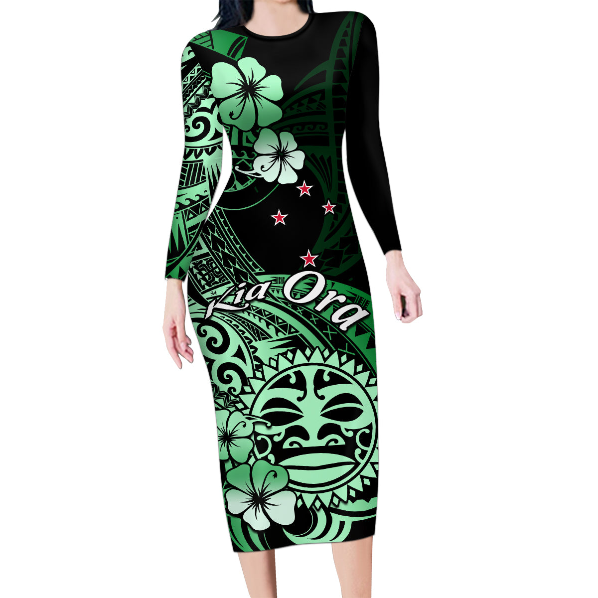 Aotearoa Kia Ora New Zealand Ta Moko Green Version Family Matching Long Sleeve Bodycon Dress and Hawaiian Shirt LT01 Mom's Dress Green - Polynesian Pride