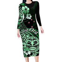 Aotearoa Kia Ora New Zealand Ta Moko Green Version Family Matching Long Sleeve Bodycon Dress and Hawaiian Shirt LT01 Mom's Dress Green - Polynesian Pride