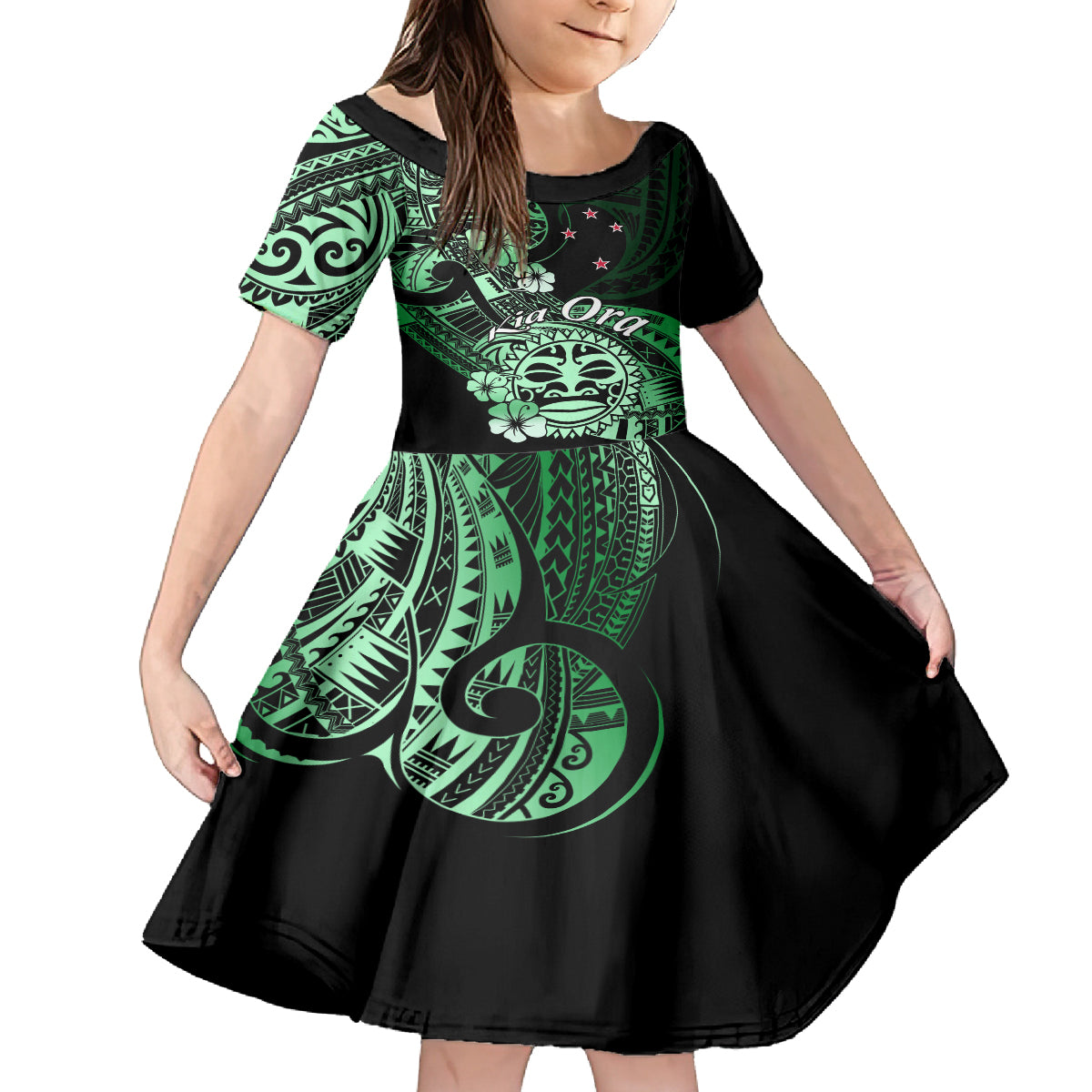 Aotearoa Kia Ora New Zealand Ta Moko Green Version Kid Short Sleeve Dress LT01 KID Green - Polynesian Pride