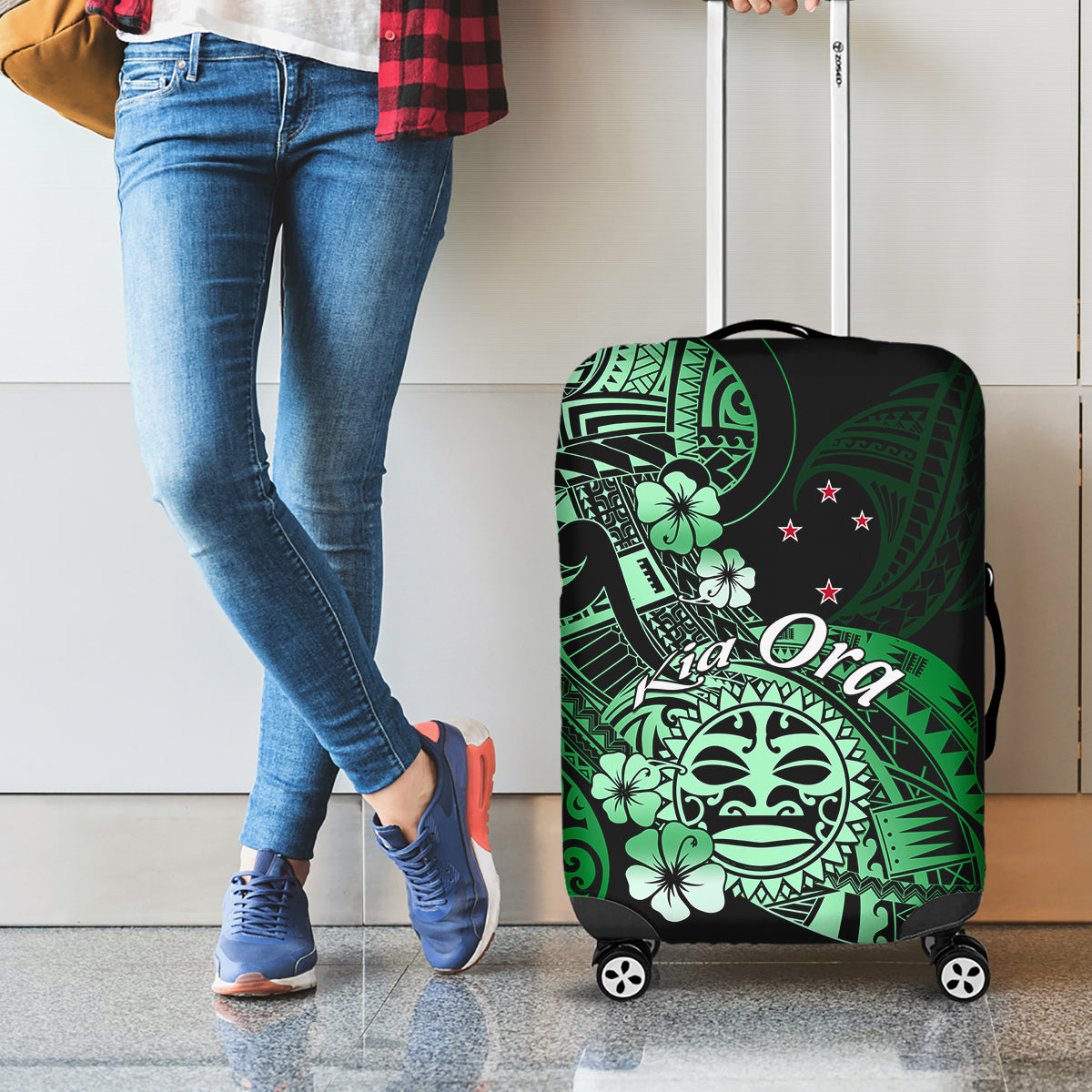 Aotearoa Kia Ora New Zealand Ta Moko Green Version Luggage Cover LT01 - Polynesian Pride
