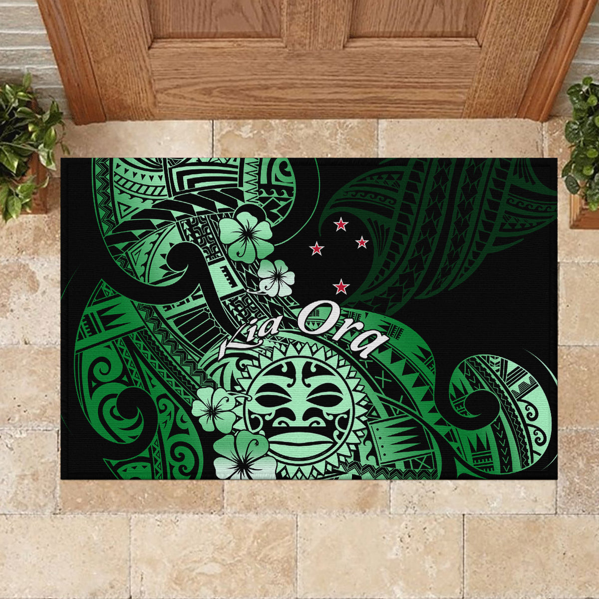 Aotearoa Kia Ora New Zealand Ta Moko Green Version Rubber Doormat LT01 - Polynesian Pride