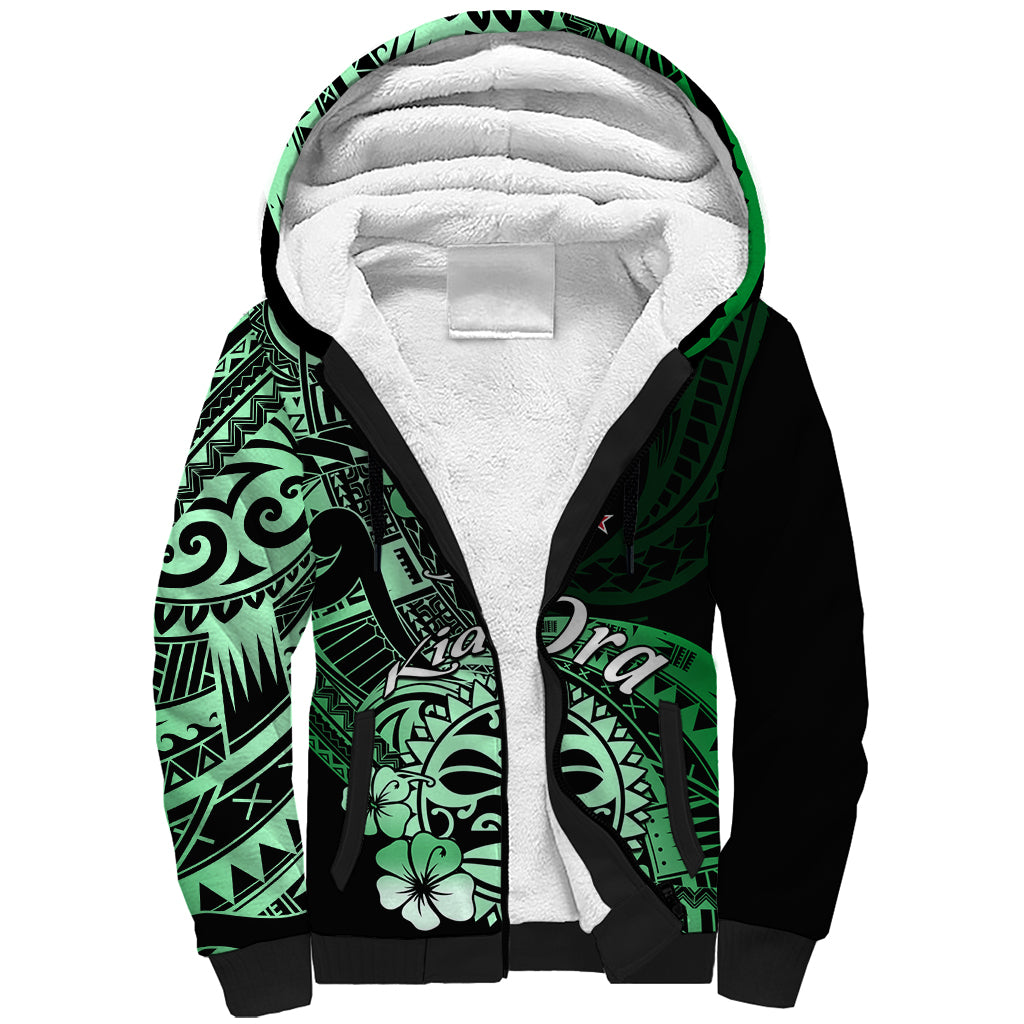 Aotearoa Kia Ora New Zealand Ta Moko Green Version Sherpa Hoodie LT01 Unisex Green - Polynesian Pride