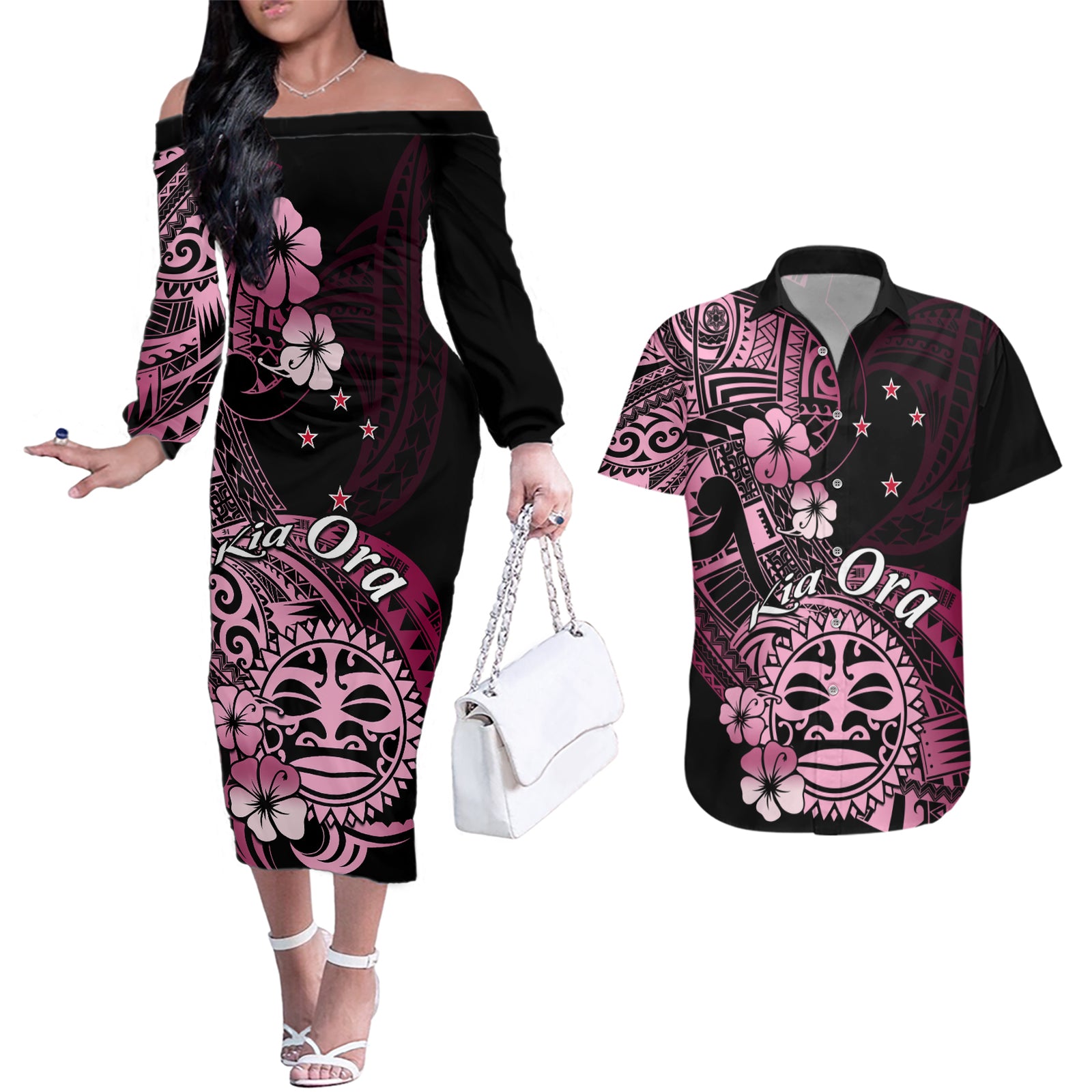 Aotearoa Kia Ora New Zealand Ta Moko Pink Version Couples Matching Off The Shoulder Long Sleeve Dress and Hawaiian Shirt LT01 Pink - Polynesian Pride