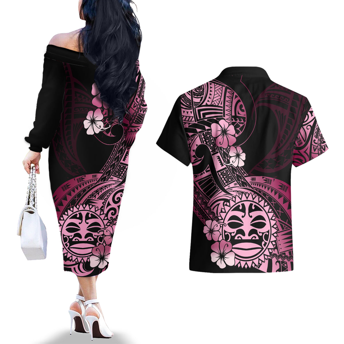 Aotearoa Kia Ora New Zealand Ta Moko Pink Version Couples Matching Off The Shoulder Long Sleeve Dress and Hawaiian Shirt LT01 - Polynesian Pride