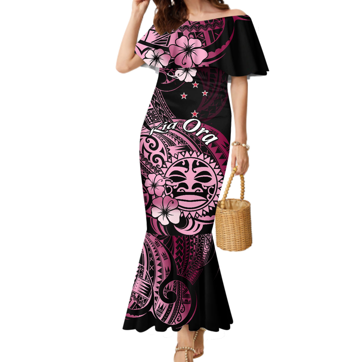Aotearoa Kia Ora New Zealand Ta Moko Pink Version Family Matching Mermaid Dress and Hawaiian Shirt LT01 Mom's Dress Pink - Polynesian Pride