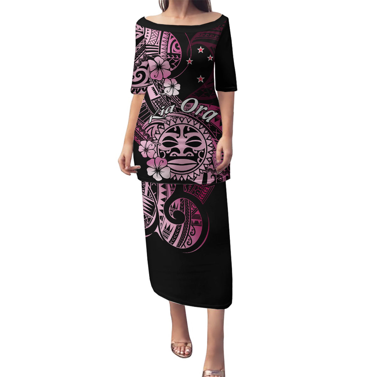 Aotearoa Kia Ora New Zealand Ta Moko Pink Version Family Matching Puletasi Dress and Hawaiian Shirt LT01 Mom's Dress Pink - Polynesian Pride