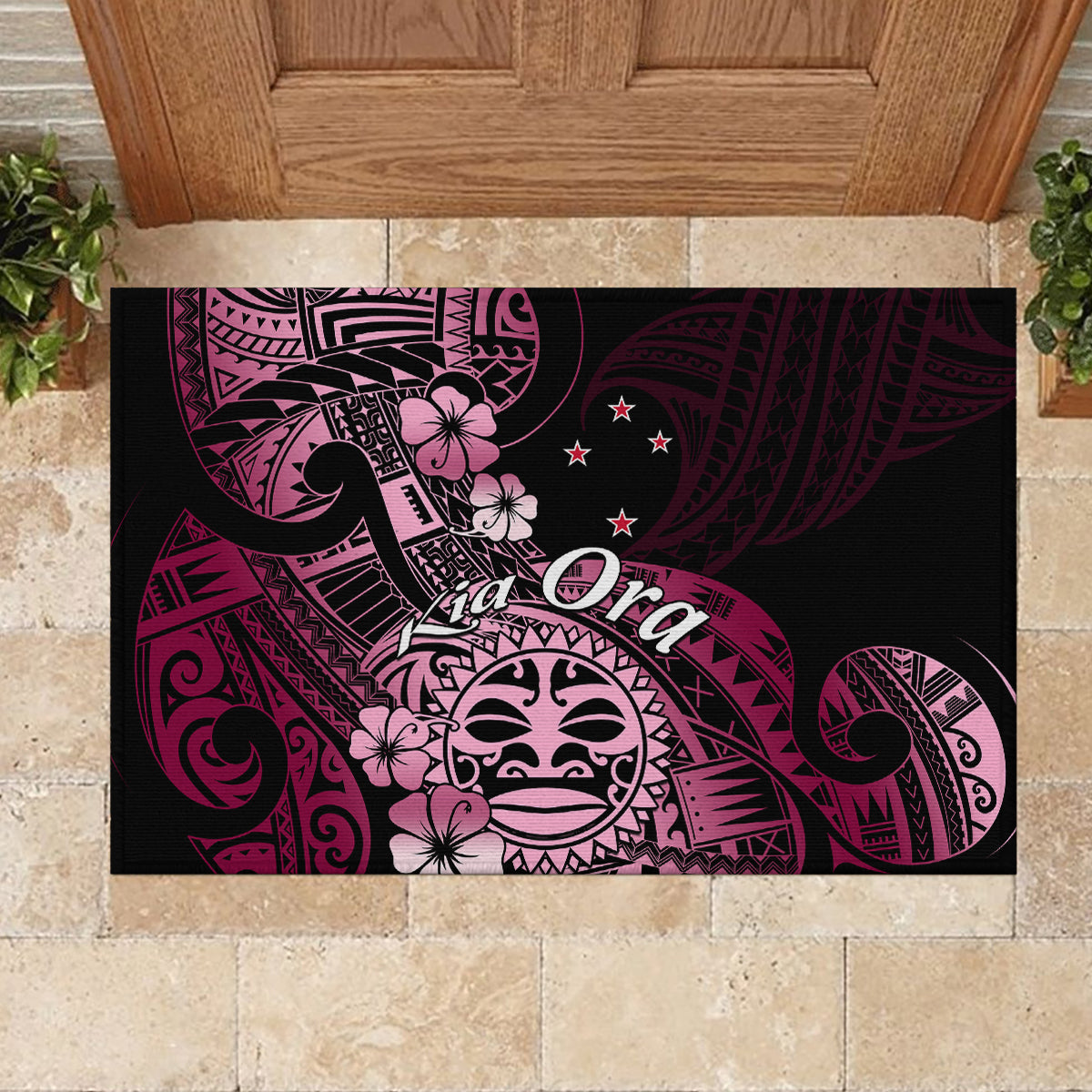 Aotearoa Kia Ora New Zealand Ta Moko Pink Version Rubber Doormat LT01 - Polynesian Pride
