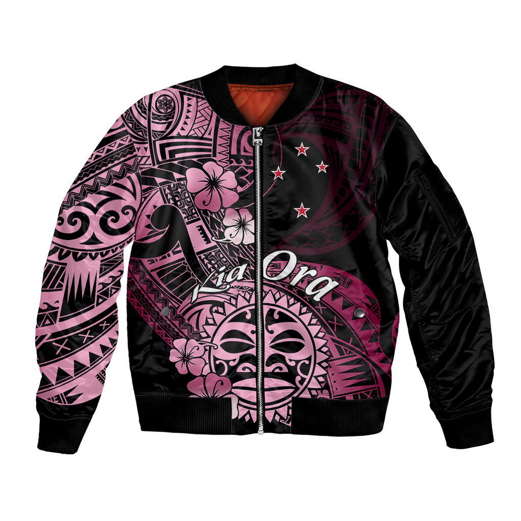 Aotearoa Kia Ora New Zealand Ta Moko Pink Version Sleeve Zip Bomber Jacket LT01 Unisex Pink - Polynesian Pride