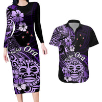 Aotearoa Kia Ora New Zealand Ta Moko Purple Version Couples Matching Long Sleeve Bodycon Dress and Hawaiian Shirt LT01 Purple - Polynesian Pride
