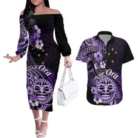 Aotearoa Kia Ora New Zealand Ta Moko Purple Version Couples Matching Off The Shoulder Long Sleeve Dress and Hawaiian Shirt LT01 Purple - Polynesian Pride
