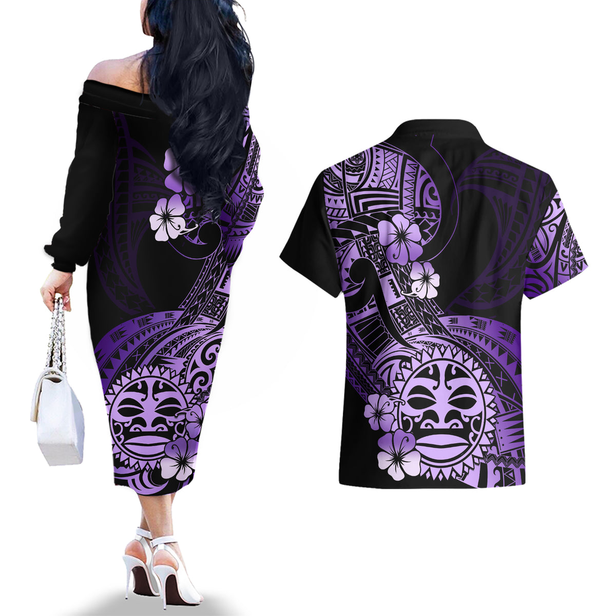 Aotearoa Kia Ora New Zealand Ta Moko Purple Version Couples Matching Off The Shoulder Long Sleeve Dress and Hawaiian Shirt LT01 - Polynesian Pride