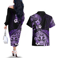 Aotearoa Kia Ora New Zealand Ta Moko Purple Version Couples Matching Off The Shoulder Long Sleeve Dress and Hawaiian Shirt LT01 - Polynesian Pride