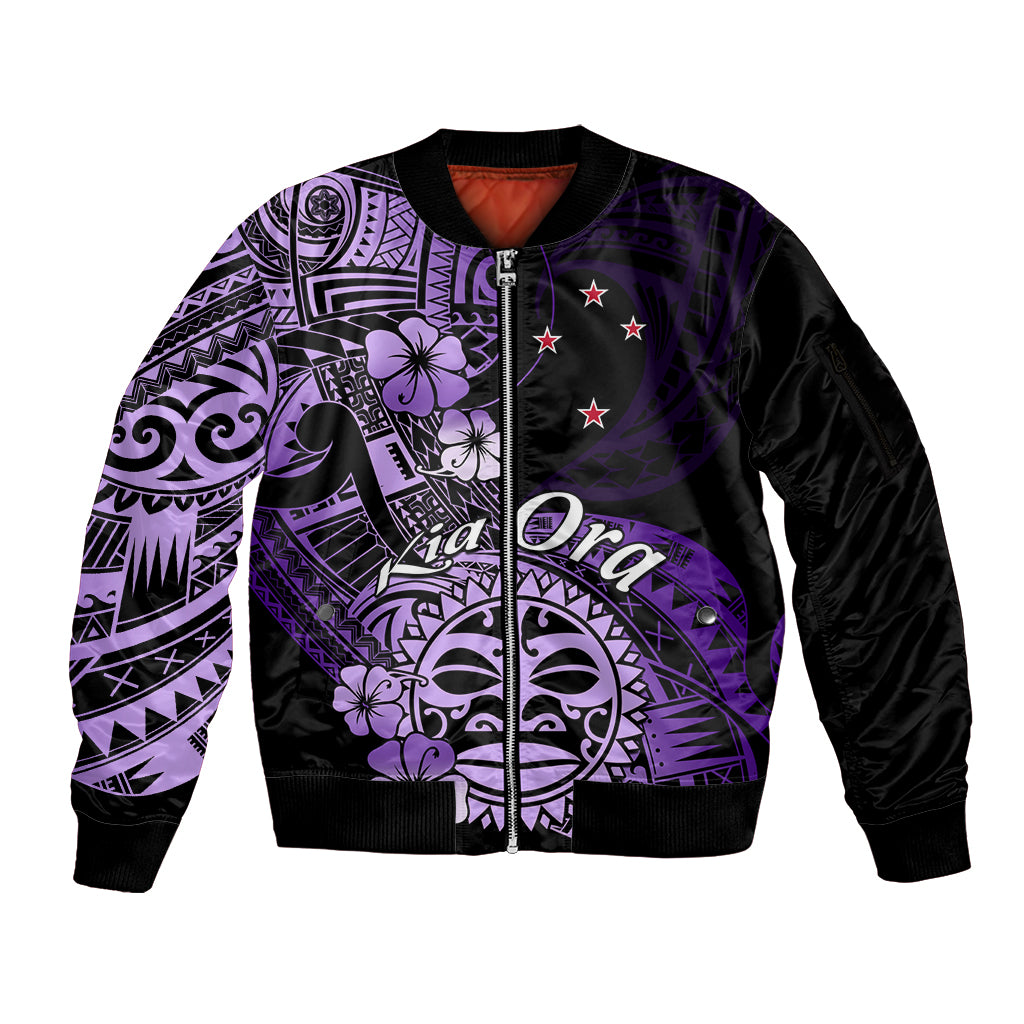 Aotearoa Kia Ora New Zealand Ta Moko Purple Version Sleeve Zip Bomber Jacket LT01 Unisex Purple - Polynesian Pride