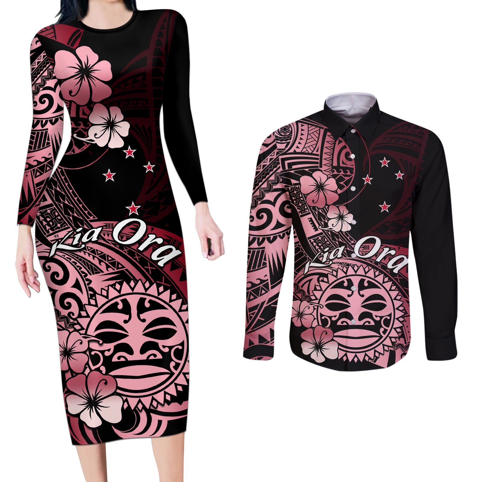 Aotearoa Kia Ora New Zealand Ta Moko Red Version Couples Matching Long Sleeve Bodycon Dress and Long Sleeve Button Shirt LT01 Red - Polynesian Pride
