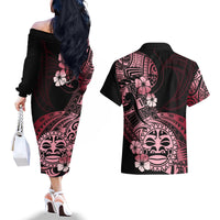 Aotearoa Kia Ora New Zealand Ta Moko Red Version Couples Matching Off The Shoulder Long Sleeve Dress and Hawaiian Shirt LT01 - Polynesian Pride