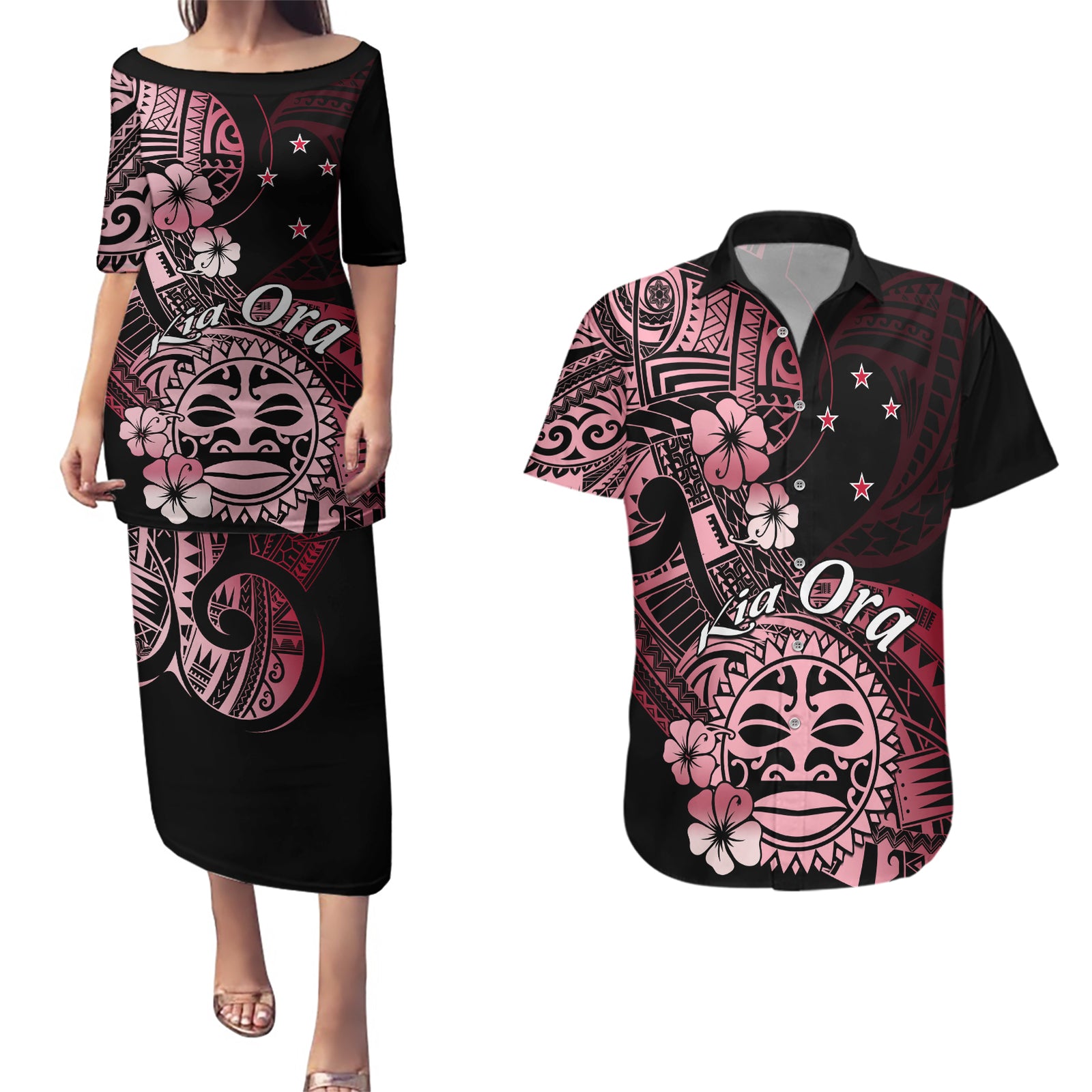 Aotearoa Kia Ora New Zealand Ta Moko Red Version Couples Matching Puletasi Dress and Hawaiian Shirt LT01 Red - Polynesian Pride