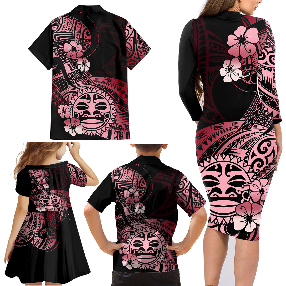 Aotearoa Kia Ora New Zealand Ta Moko Red Version Family Matching Long Sleeve Bodycon Dress and Hawaiian Shirt LT01 - Polynesian Pride