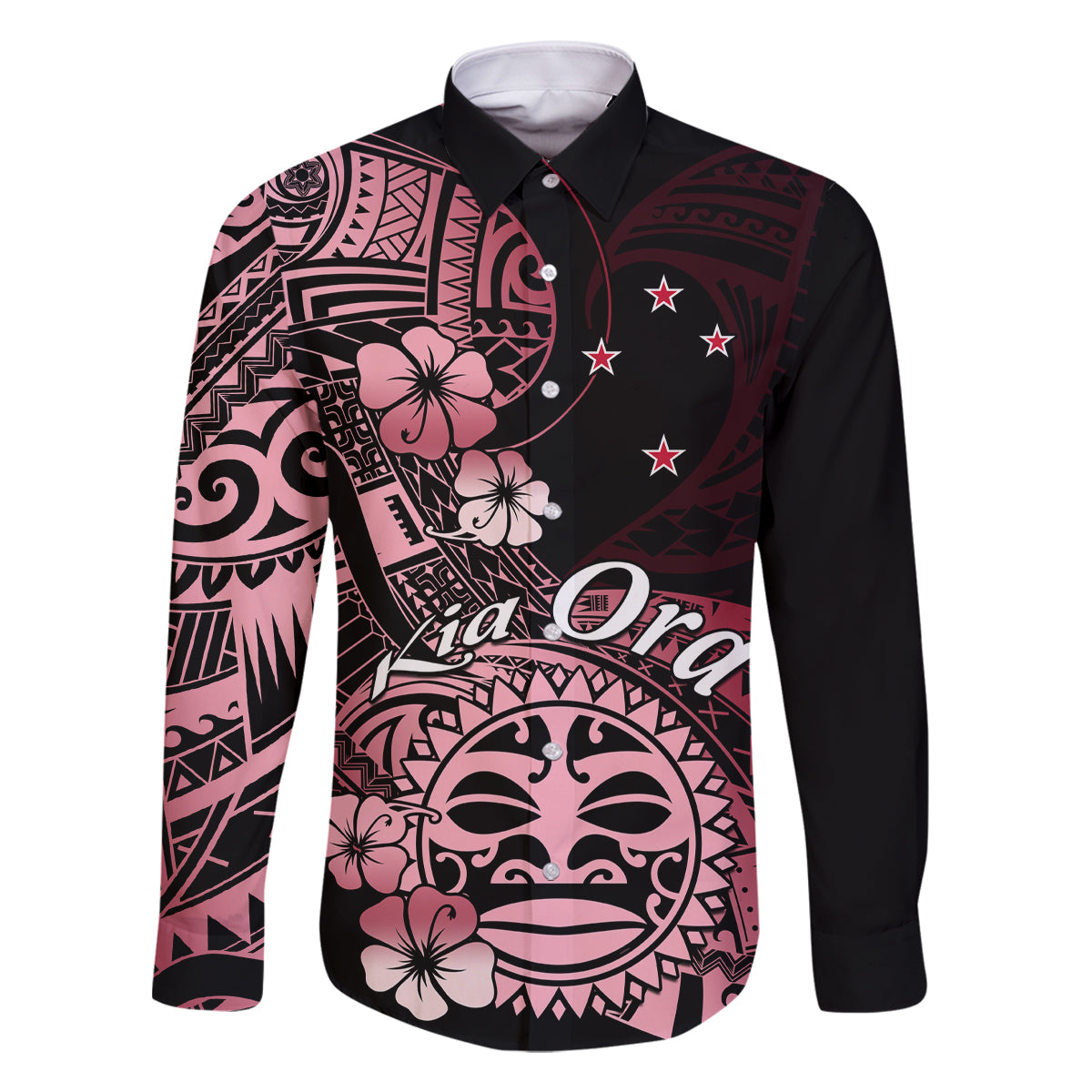 Aotearoa Kia Ora New Zealand Ta Moko Red Version Family Matching Off Shoulder Long Sleeve Dress and Hawaiian Shirt LT01 Dad's Shirt - Long Sleeve Red - Polynesian Pride