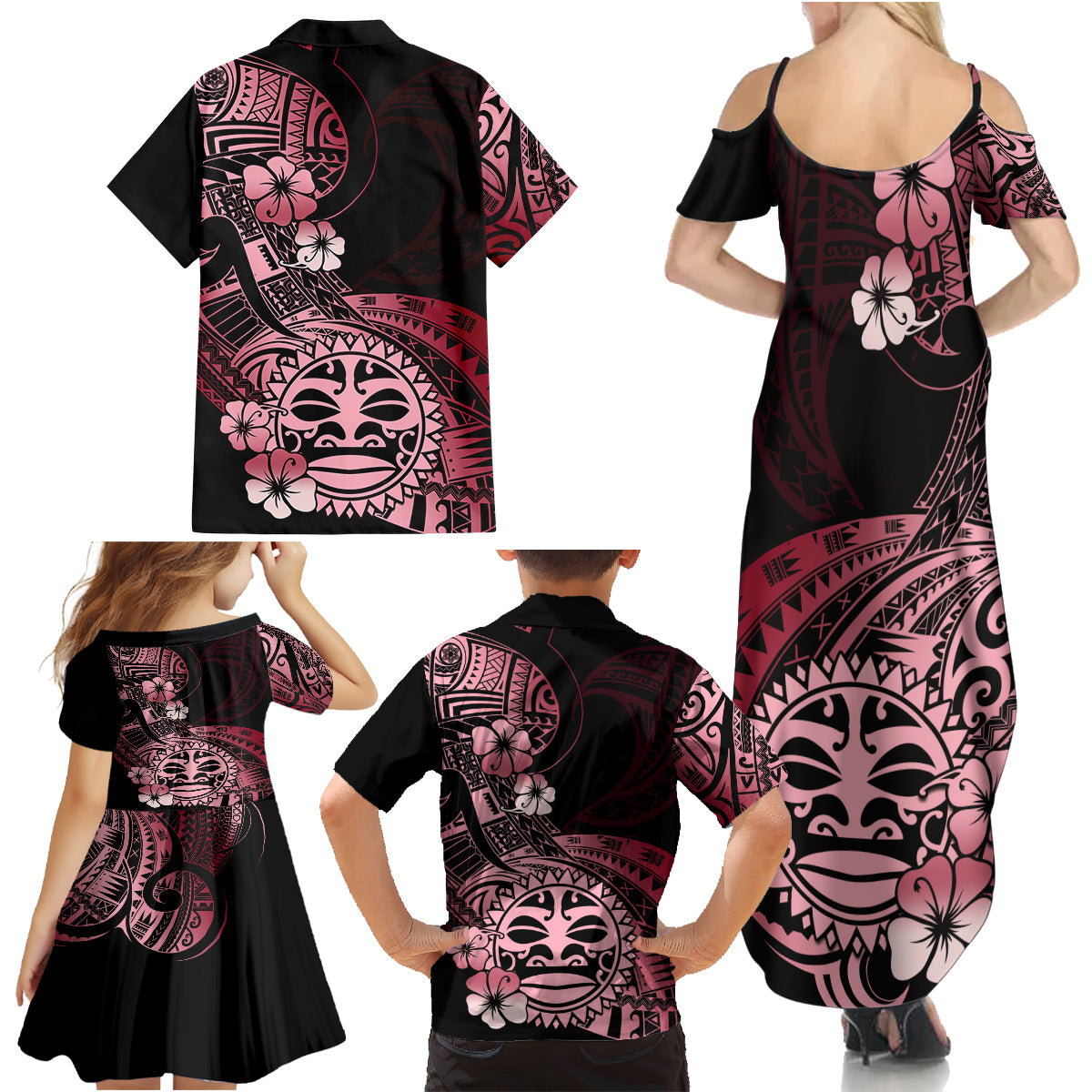 Aotearoa Kia Ora New Zealand Ta Moko Red Version Family Matching Summer Maxi Dress and Hawaiian Shirt LT01 - Polynesian Pride