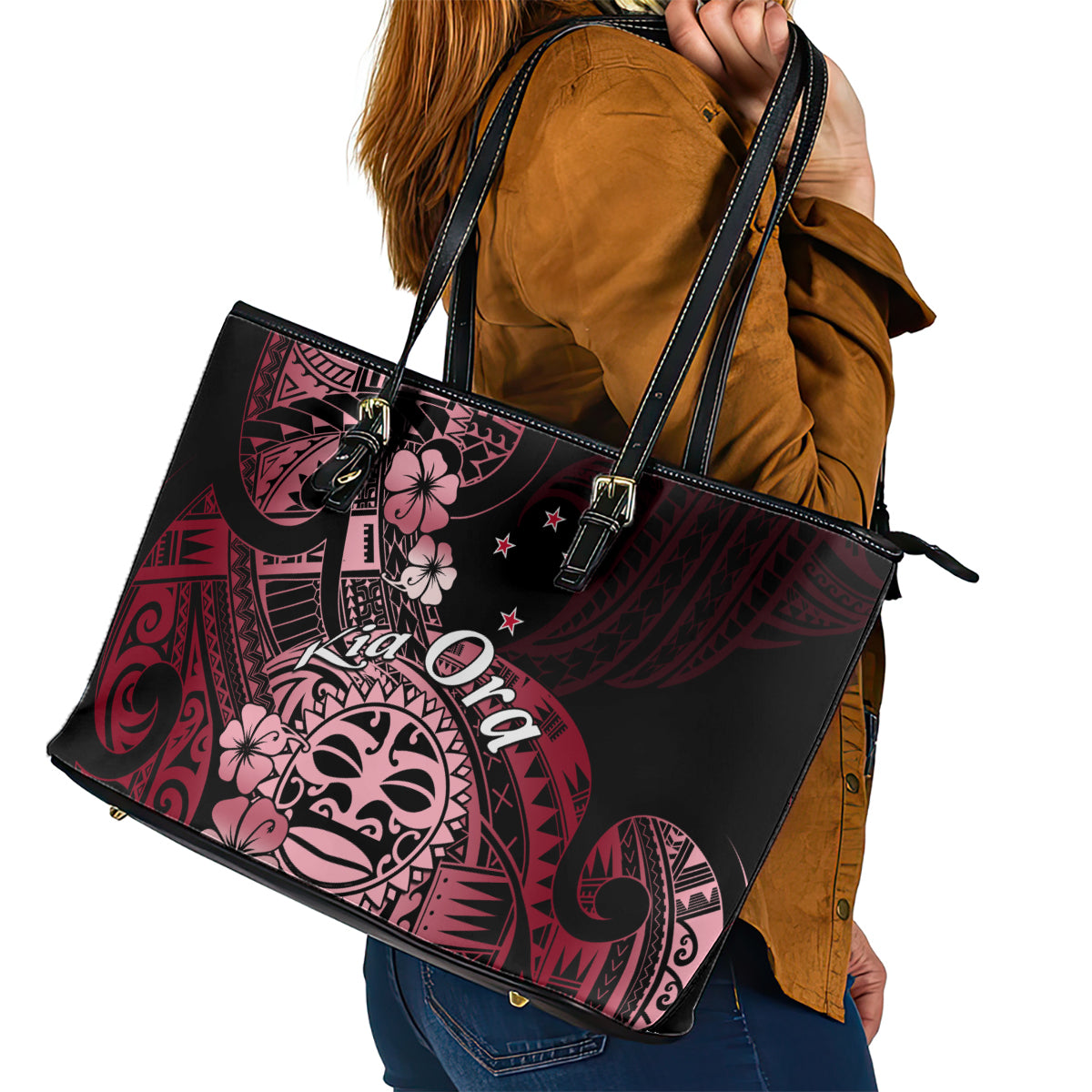 Aotearoa Kia Ora New Zealand Ta Moko Red Version Leather Tote Bag LT01 - Polynesian Pride