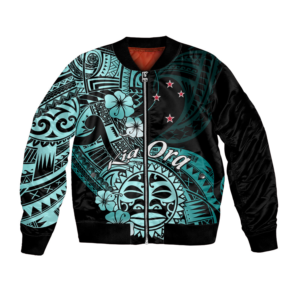 Aotearoa Kia Ora New Zealand Ta Moko Turquoise Version Bomber Jacket LT01 Unisex Turquoise - Polynesian Pride