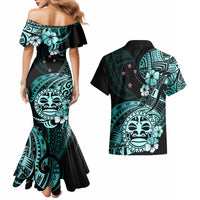 Aotearoa Kia Ora New Zealand Ta Moko Turquoise Version Couples Matching Mermaid Dress and Hawaiian Shirt LT01 - Polynesian Pride