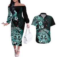 Aotearoa Kia Ora New Zealand Ta Moko Turquoise Version Couples Matching Off The Shoulder Long Sleeve Dress and Hawaiian Shirt LT01 Turquoise - Polynesian Pride