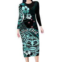 Aotearoa Kia Ora New Zealand Ta Moko Turquoise Version Family Matching Long Sleeve Bodycon Dress and Hawaiian Shirt LT01 Mom's Dress Turquoise - Polynesian Pride
