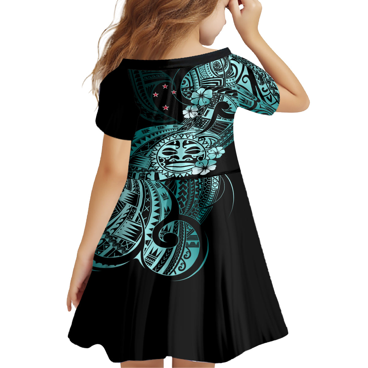 Aotearoa Kia Ora New Zealand Ta Moko Turquoise Version Family Matching Off Shoulder Long Sleeve Dress and Hawaiian Shirt LT01 - Polynesian Pride