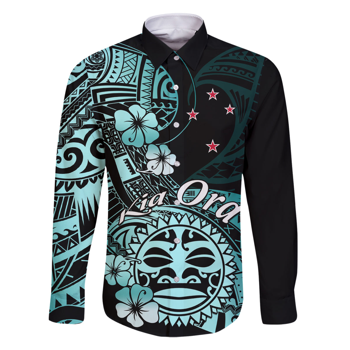 Aotearoa Kia Ora New Zealand Ta Moko Turquoise Version Family Matching Off Shoulder Long Sleeve Dress and Hawaiian Shirt LT01 Dad's Shirt - Long Sleeve Turquoise - Polynesian Pride